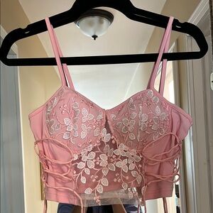 Pink Lace Floral Crop Top